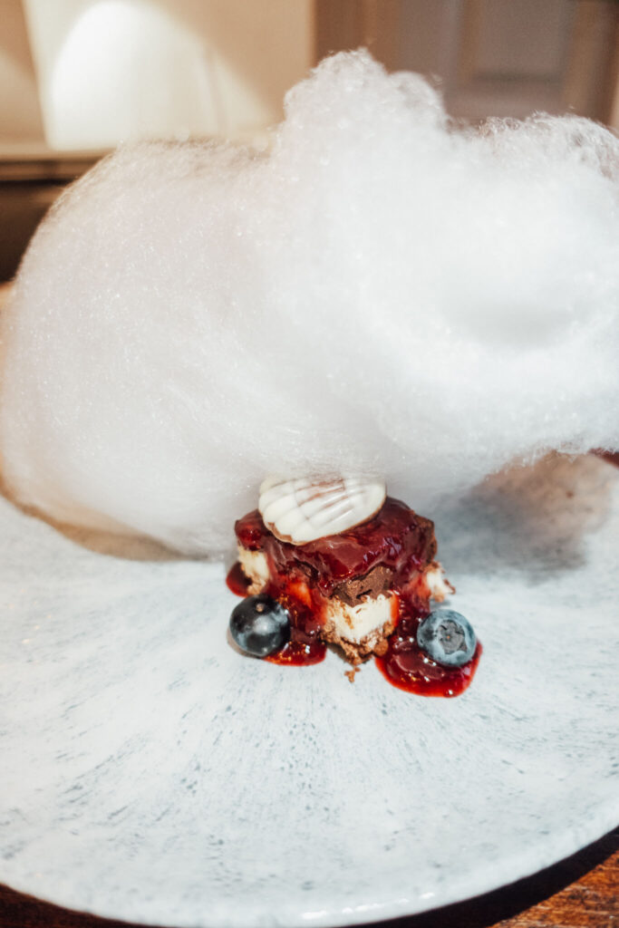 Cotton candy dessert at Flodigarry Hotel