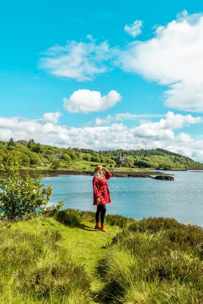 Posing in front of Loch Dunvegan with Dunvegan Castle in the background