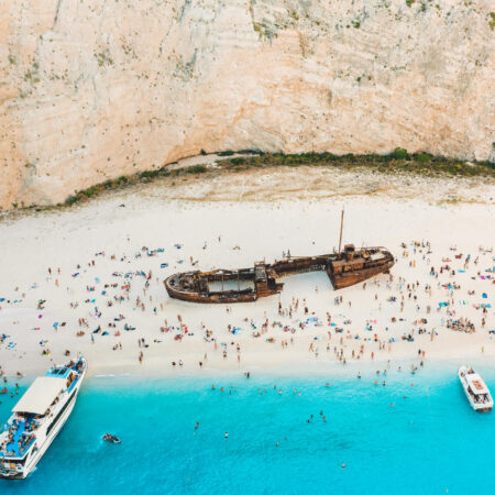 Aerial view of Navagio Shipwreck Beach in Zakynthos, Greece