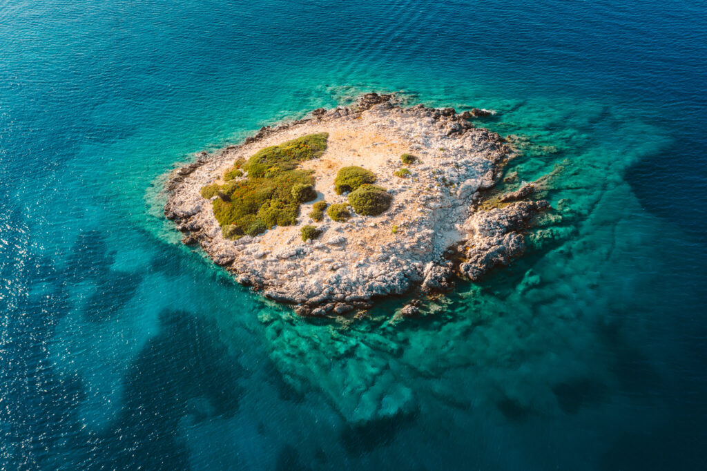 Aerial view of islet off of Zakynthos, Greecce